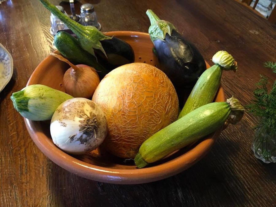 close-up of ceramic bowl with a melon, pumpkins, eggplants and garlic from 'Narlis Farm'