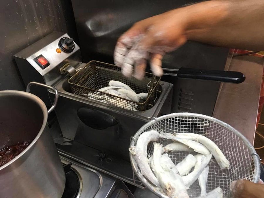close-up of man frying anchovies given through flour in electric deep fryer at 'Narlis Farm'