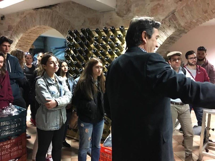 guide presenting tourists the Nikolou Winery stone cellar with wine bottles in the wall