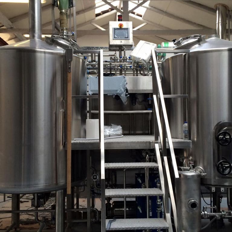 aluminum ladder on the beer brewing system at Noctua Brewery plant