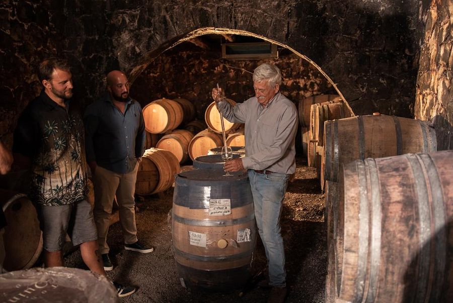oenologist using sampling probe from wood barrel at Dourakis winery stone cellar