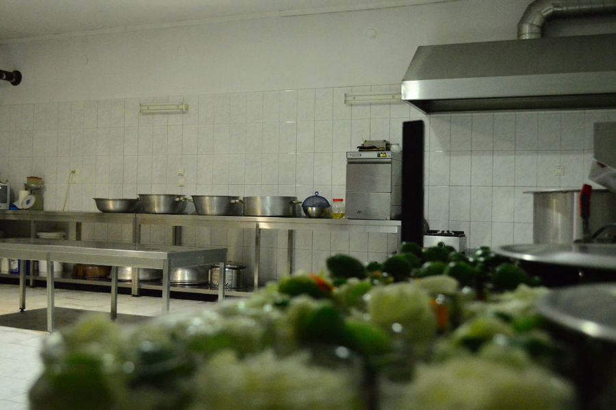 view up close of vegetables and inside 'Voskopoulos Handicraft' plant in the buckground with aluminum equipment