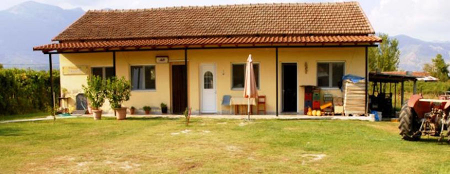 front view of 'Voskopoulos Handicraft' building surrounded by green lawn and trees