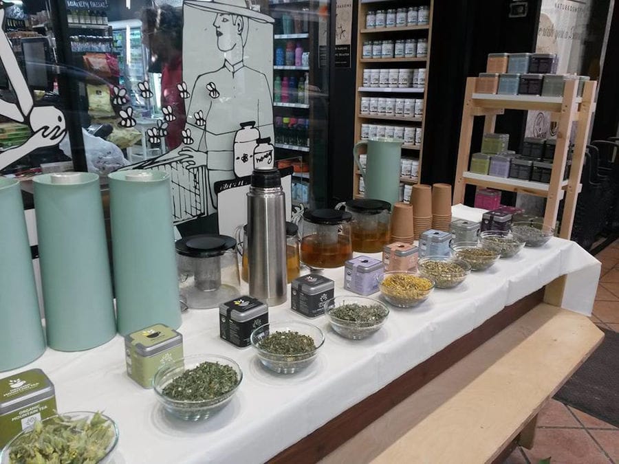 'Organic Islands' store with tea products and aromatic herbs