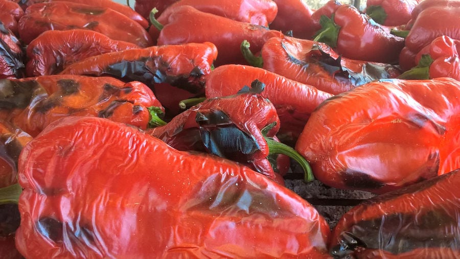 view up close of baked red 'Florina' peppers on the oven from 'Rizes Greek Delicatessen' plant