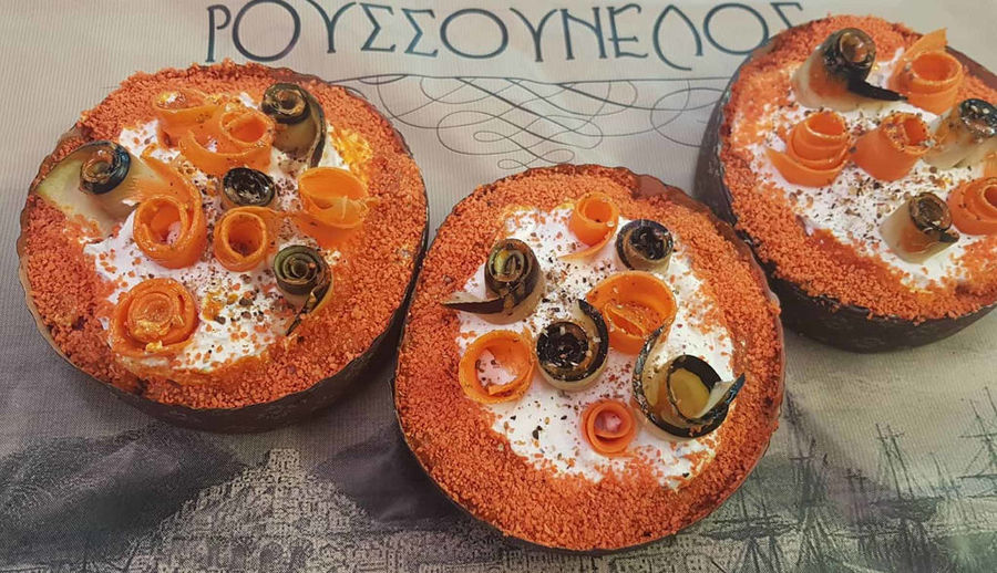 tarts with beef burger, cream cheese, oregano, thyme and pepper at 'Roussounelos Meat Market'