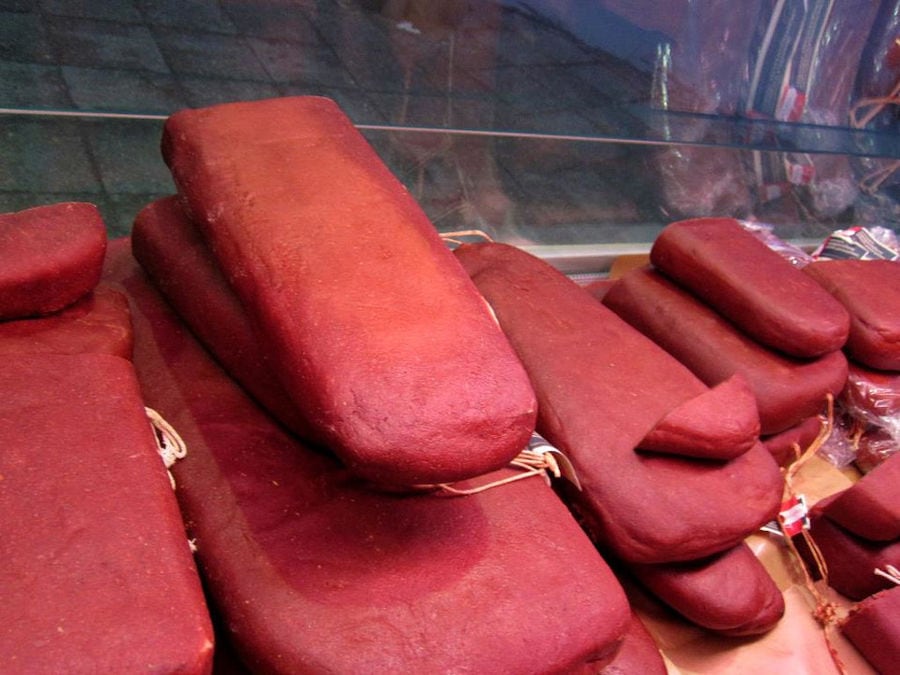 close-up of processed meat behind glass at 'Sary'