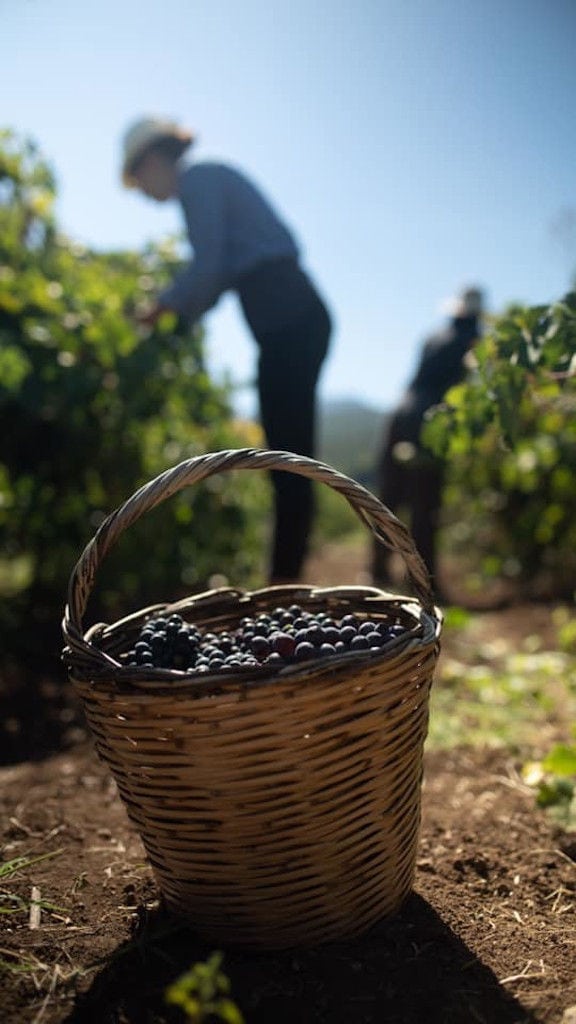 wicker baskets with black grapes on the ground at 'Semeli Estate' vineyards