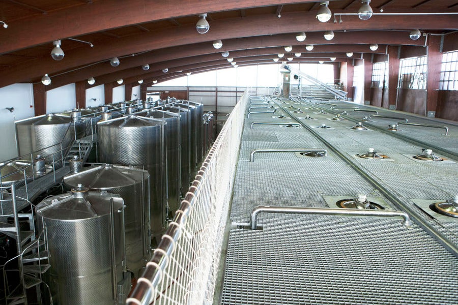 view on the top of wine storage tanks at 'Semeli Estate' plant