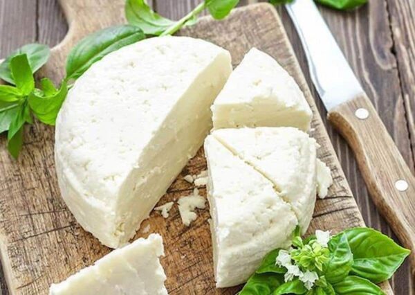 view from above of pieces of round sfela cheese with fresh herbs and a knife