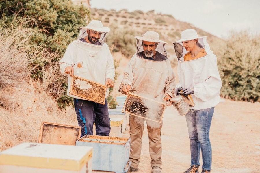 two man beekeepers holding honeycomb panel and a woman holding a bee hive smoker at 'Si-Mel Honey Toplou'