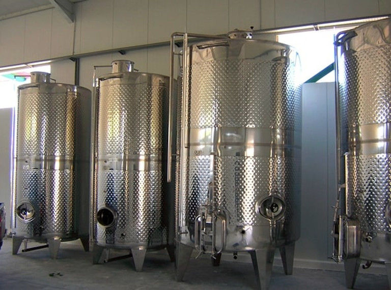 lying aluminum wine storage tanks at 'Wisdom of Nature' plant