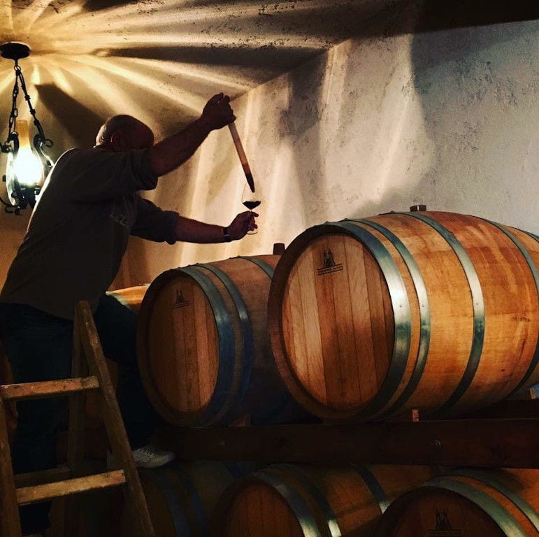 oenologist using sampling probe from wood barrel at 'Stilianou Winery' cellar