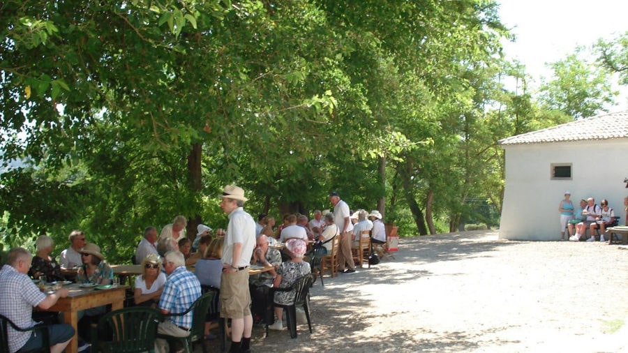a group of tourists sitting in the shade of the trees at 'Theotoky Estate' outside