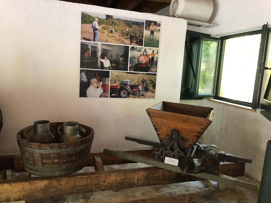 old manual grape press and photos on the wall of 'Theotoky Estate' museum