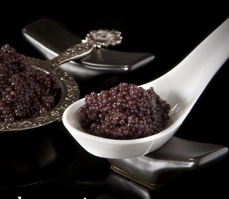 close-up of a two spoons with caviar eggs from 'Thesauri Caviar' one of them is silver and another is ceramic