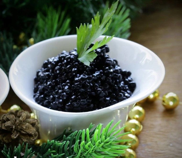 close-up of ceramic bowl with caviar eggs from 'Thesauri Caviar' with and and surrounded by fresh rosemary on top