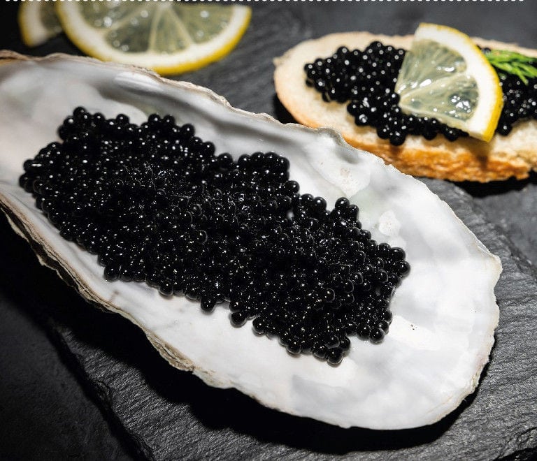 caviar eggs 'Thesauri Caviar' from on the plate and on the slice of bread with a piece of lemon on top