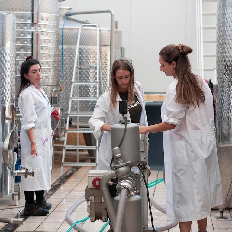 three oenologists women controlling the compressor unit front of the wine tanks at Ktima Kokotou plant
