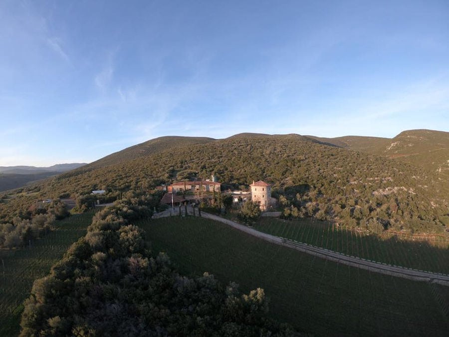 'La Tour Melas' from above surrounded by vineyards and trees and mountains