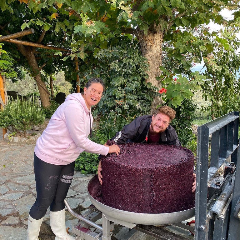 couple smiles happily at the camera and showing a compact mass of grape skins at 'La Tour Melas' outside