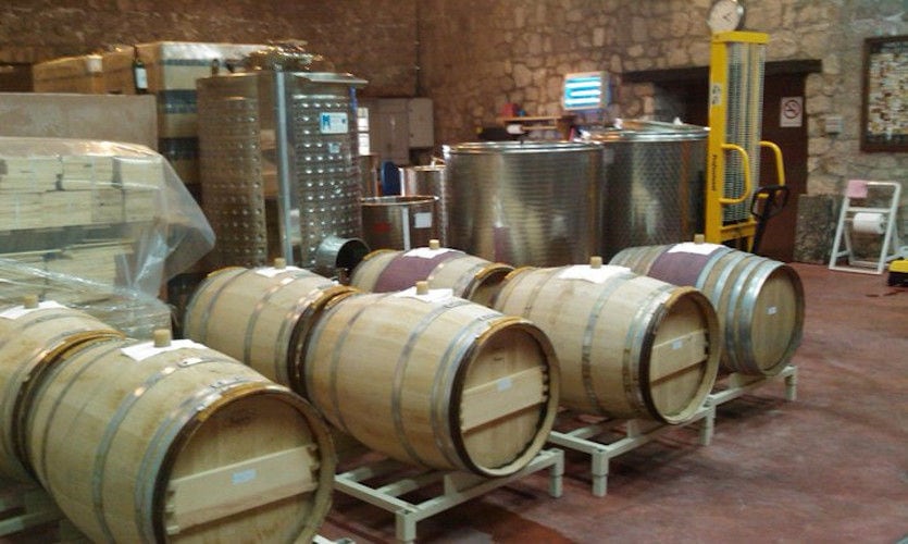 lying wine barrels on the wood panels at 'La Tour Melas' plant