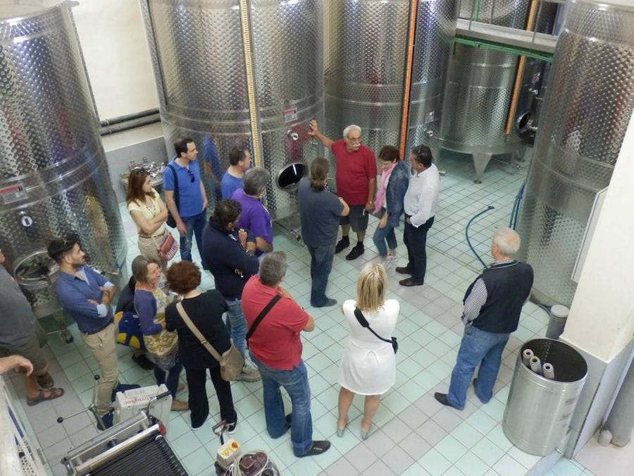 tourists listening to a man giving a tour at Domaine Paterianakis winery at unit production with aluminum wine storage tanks