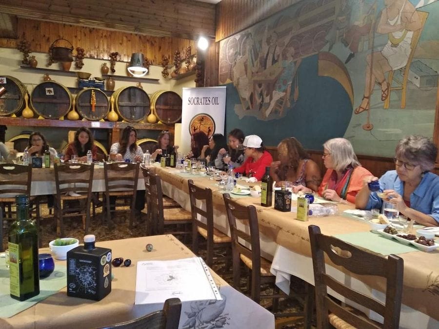 tourists sitting at the tables and tasting olive oil and olives in tasting room with a painted fresco on one wall and wooden barrels on another at Socrates Olive Oil