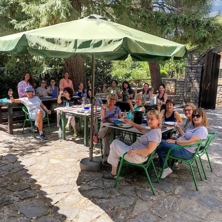 tourists smiling at the camera and holding glasses of wine for cheers and eating aperitifs at Kalogris Organic Winery