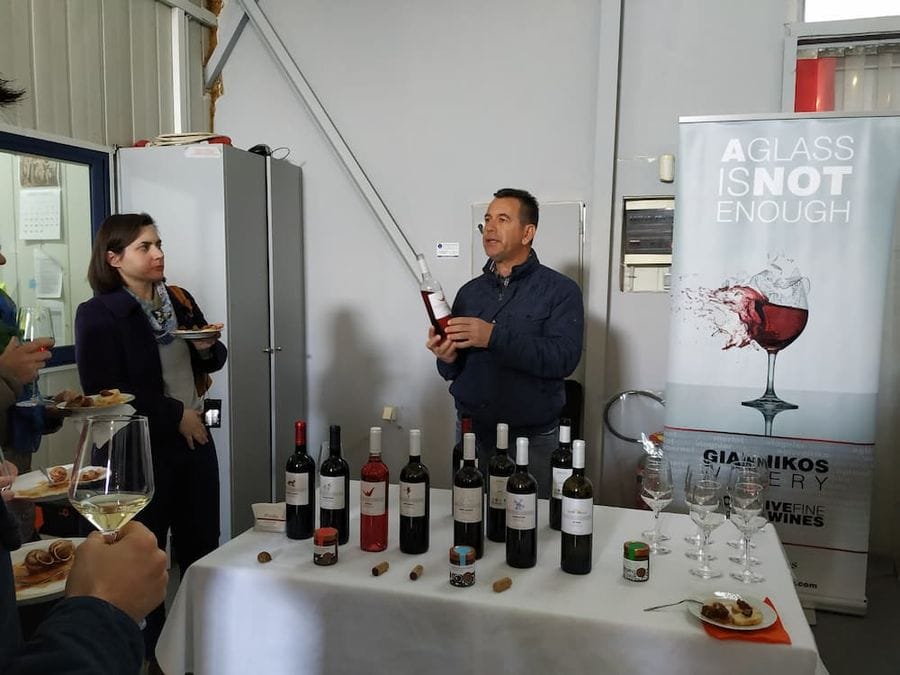 tourists tasting wines, various aperitifs with land snails and listening to a guide at Feréikos