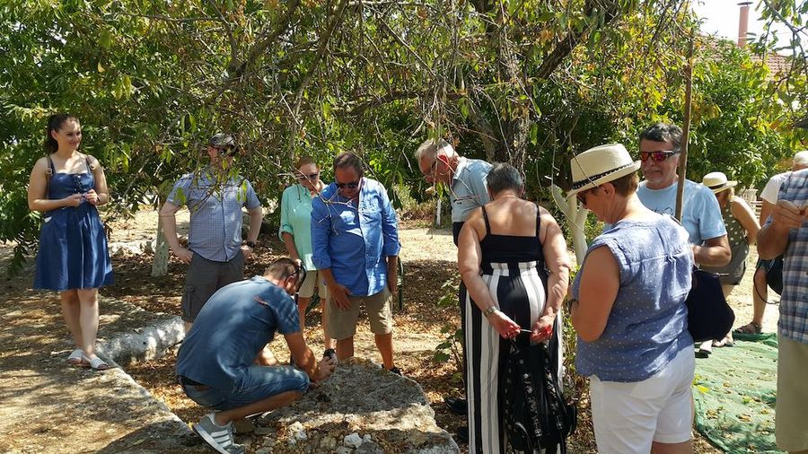 A man doing activities farming on the ground at En Kefallinia Organic Farm Restaurant garden and a group of tourists watching