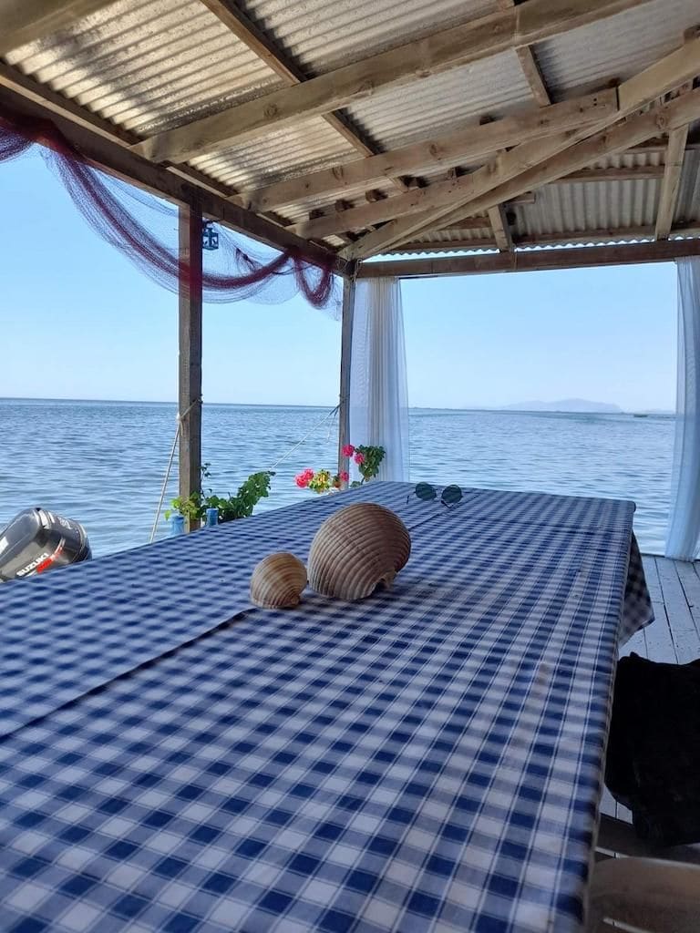two clams on a table at a fisherman's cottage and the sea in the background from Stefanos Kaneletis