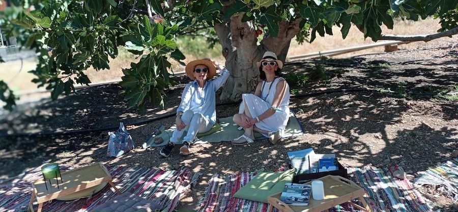 two women with sunglasses sit in the shade of a fig tree and look at the camera at Figland