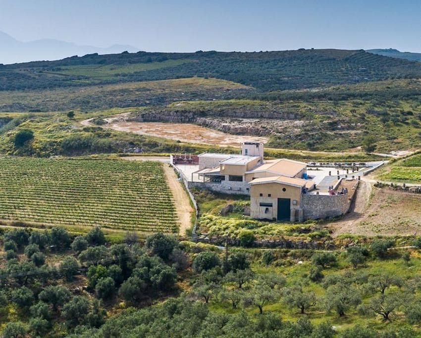 view from far of the building of Domaine Paterianakis surrounded by vineyards and mountains in the background