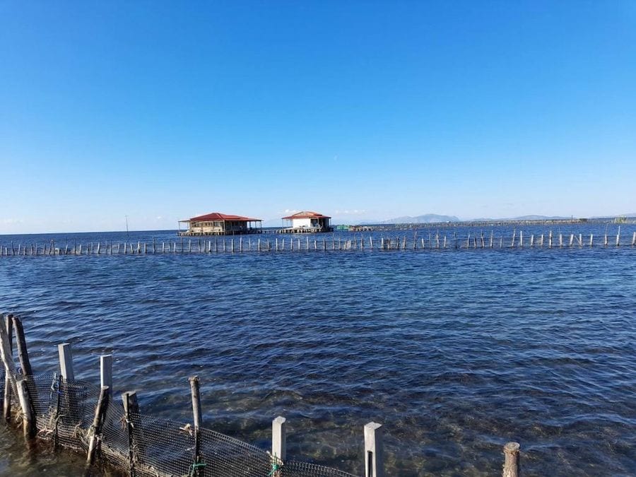 view of fish farming on the sea and fishing cottages on horizon