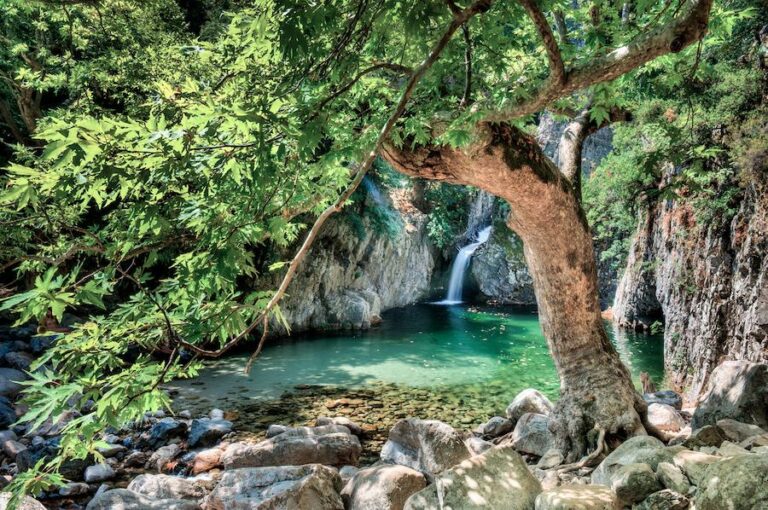 waterfalls in Samothrace vathres in nothern Greece|Winged Victory of Samothrace Louvre