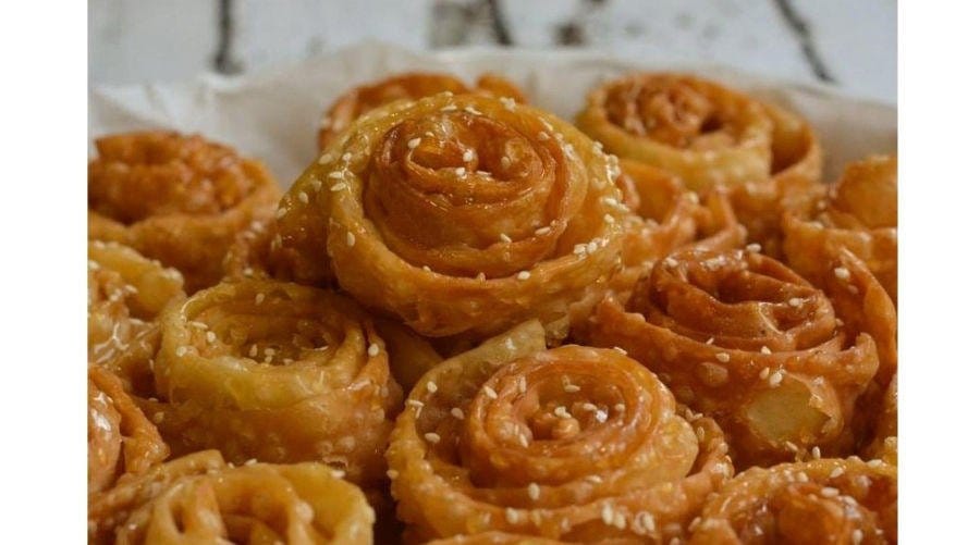 Close-up of Greek ‘Xerotigana’ made from dough and rolled into long