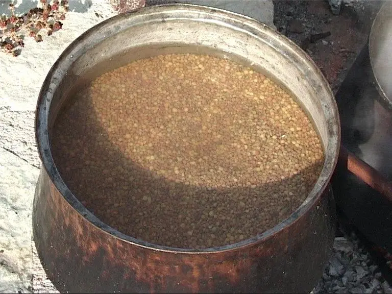 a pot of water with lentles