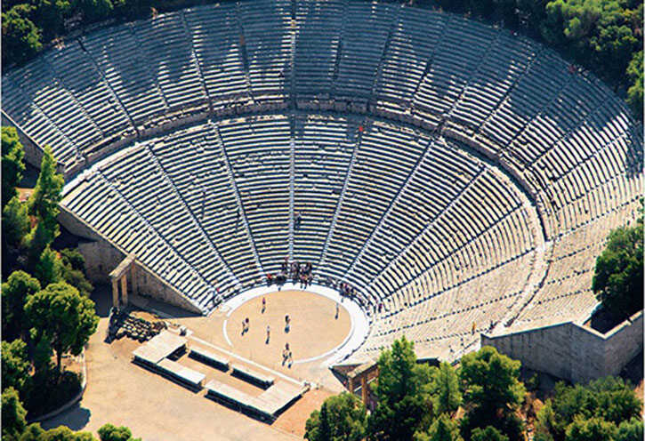 an aerial view of an ancient amphitheater