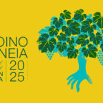 a green and blue tree with a hand and a yellow background