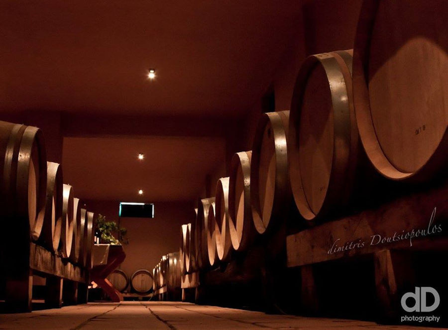 corridor of illuminated 'Aidarini Winery' cellar with lying wooden barrels on the both sides