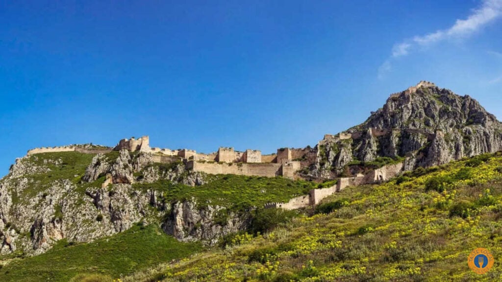 a stone castle on a Peloponnese hill 