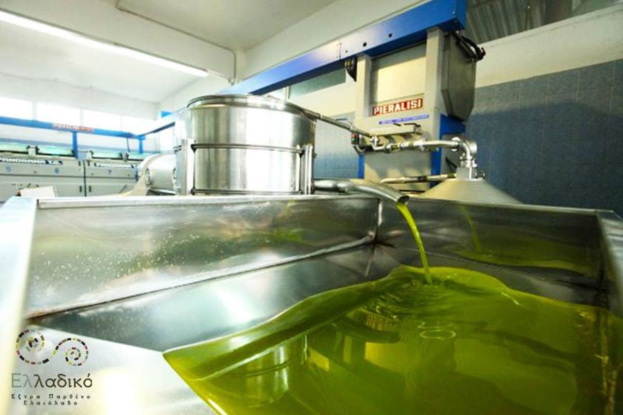 olive oil flowed from olive oil press machine at Elladiko plant