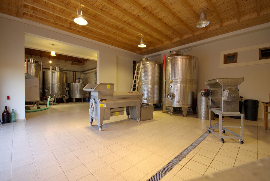 grape press machine and wine storage tanks at Hatziemmanouil Winery plant