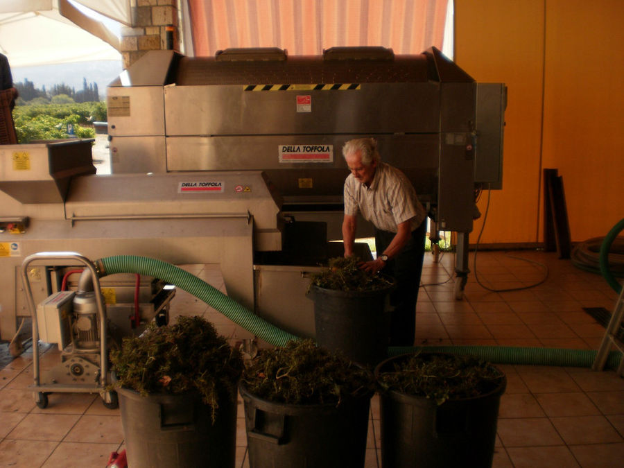 old man cleaning the press machine from bunches and grape skins at Hatziemmanouil Winery plant