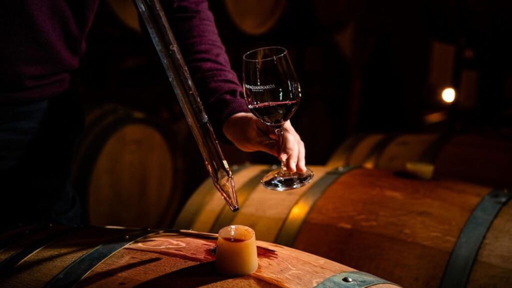 oenologist controlling the quality of the wine from the barrels at domaine papagiannakos cellar 1080 orig - Gastronomy Tours